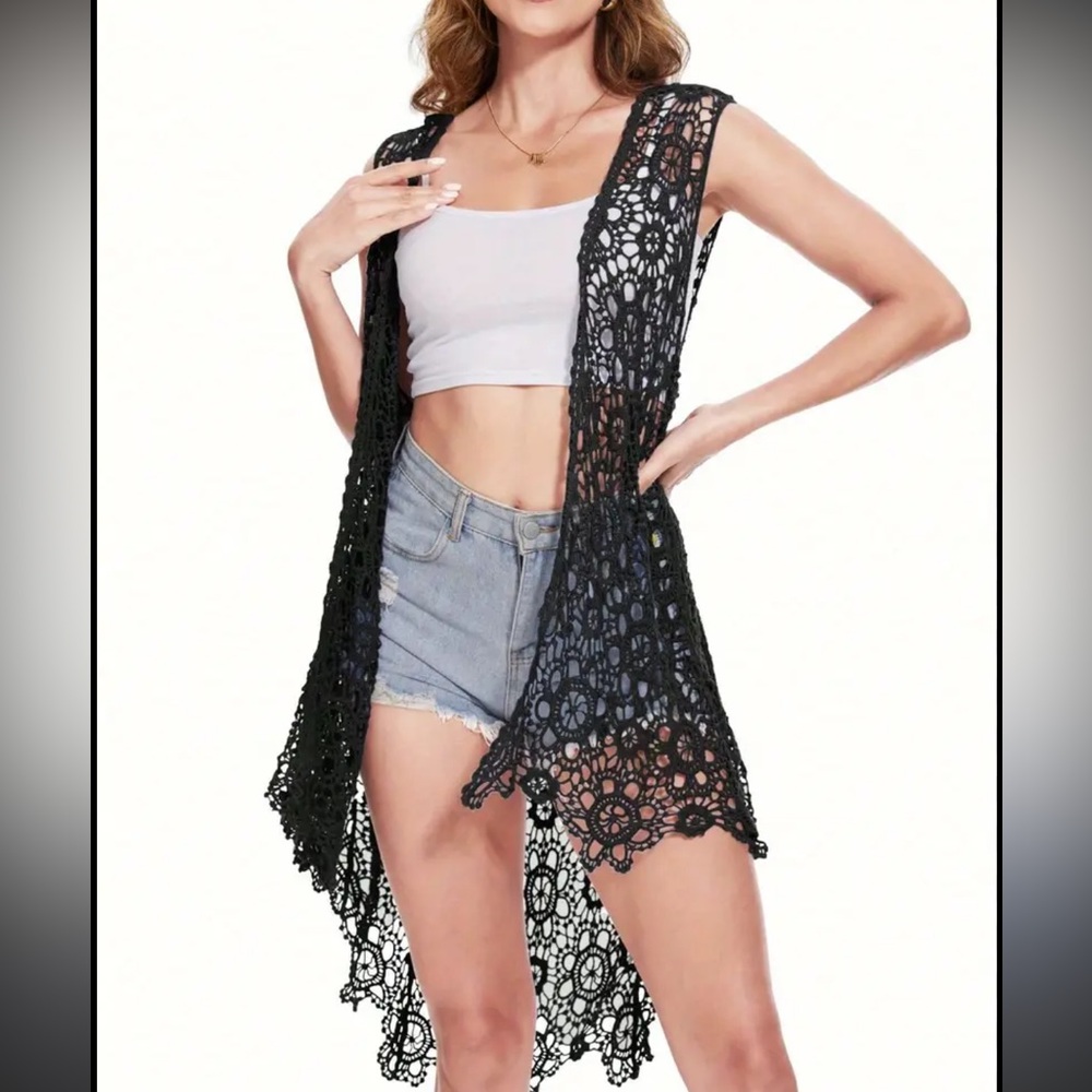 Adora Crochet Sleeveless Cardigan - black 100% cotton high low